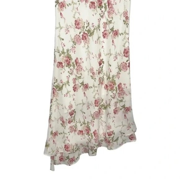 ๐ธ Vintage White Floral Midi Dress V Neck Slant Hem Romantic Cottagecore Sz 8 - Picture 6 of 9